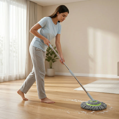Wukusy 360 Spin Mop for floor cleaning, featuring a durable mop head and ergonomic handle for easy spinning and cleaning.