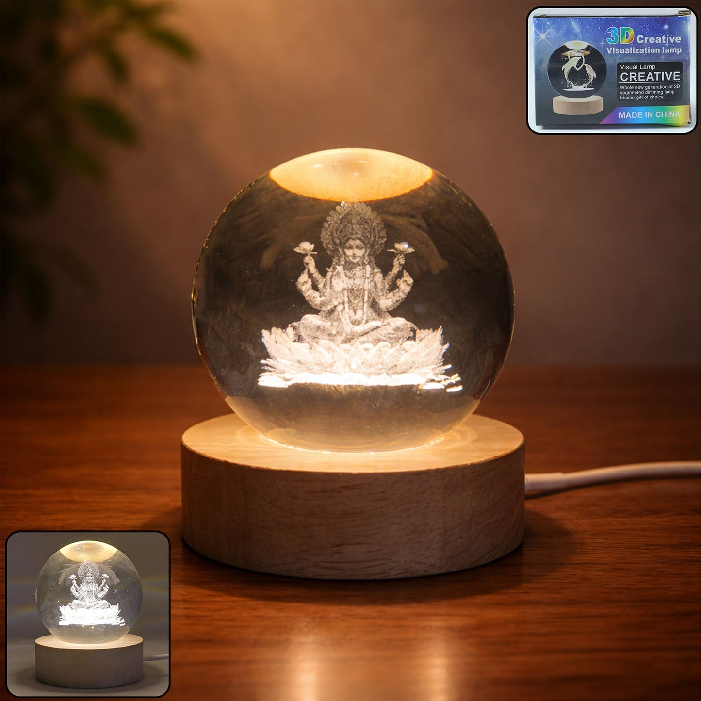 3D Crystal Lakshmi Ball LED Night Lamp with wooden base, decorative Hindu goddess lamp by Wukusy.