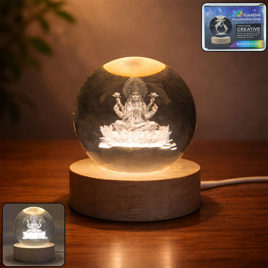 3D Crystal Lakshmi Ball LED Night Lamp with wooden base, decorative Hindu goddess lamp by Wukusy.