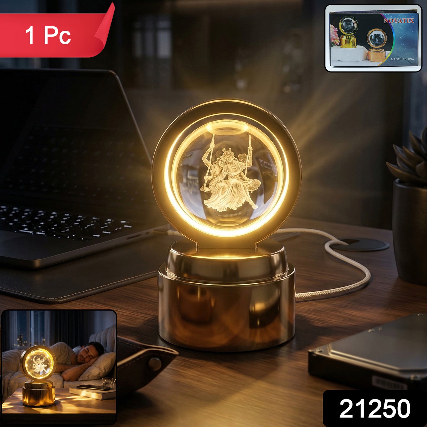 Wukusy 3D religious design crystal ball LED night lamp with intricate religious motifs, illuminated for a calming glow.