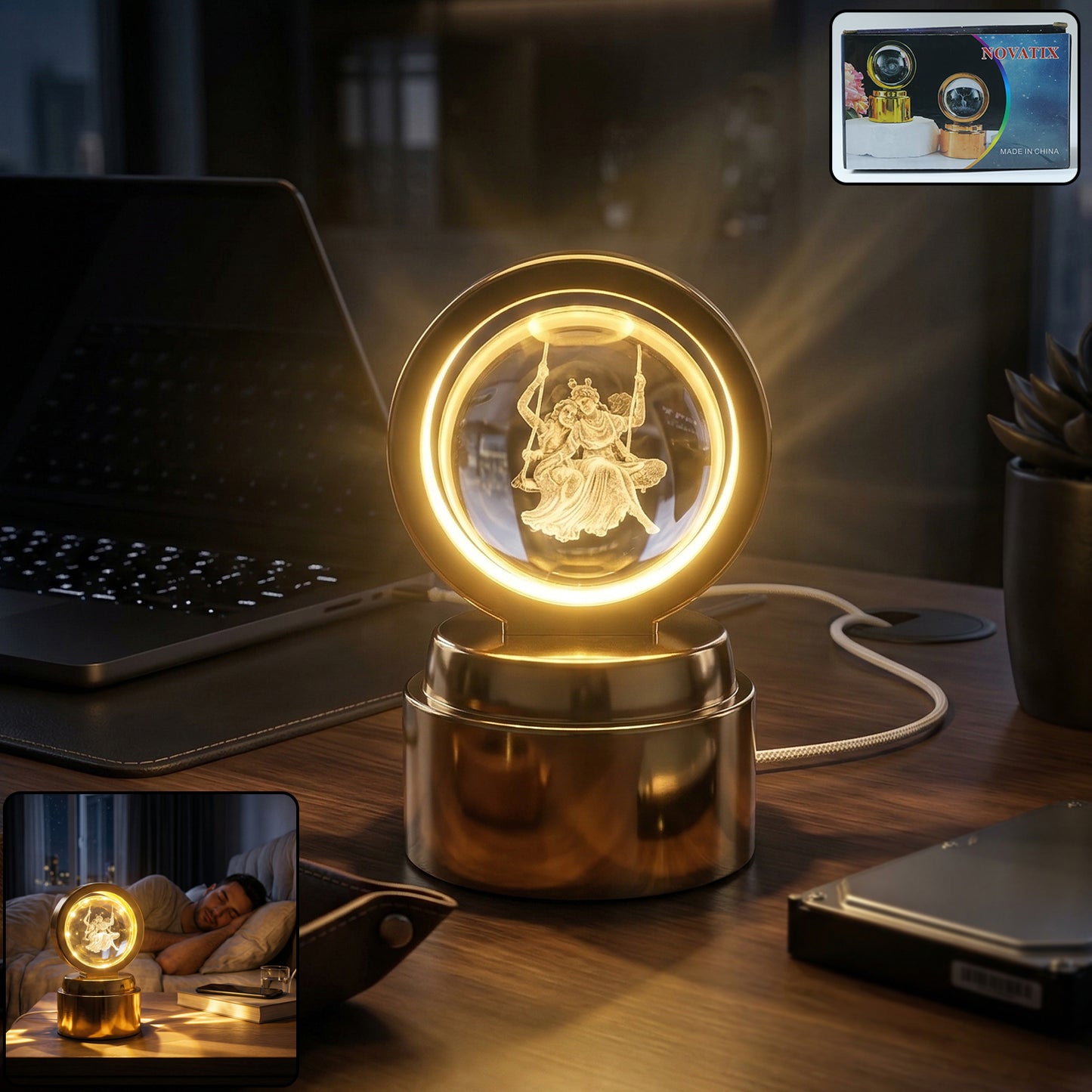 Wukusy 3D religious design crystal ball LED night lamp with intricate religious motifs, glowing softly in the dark