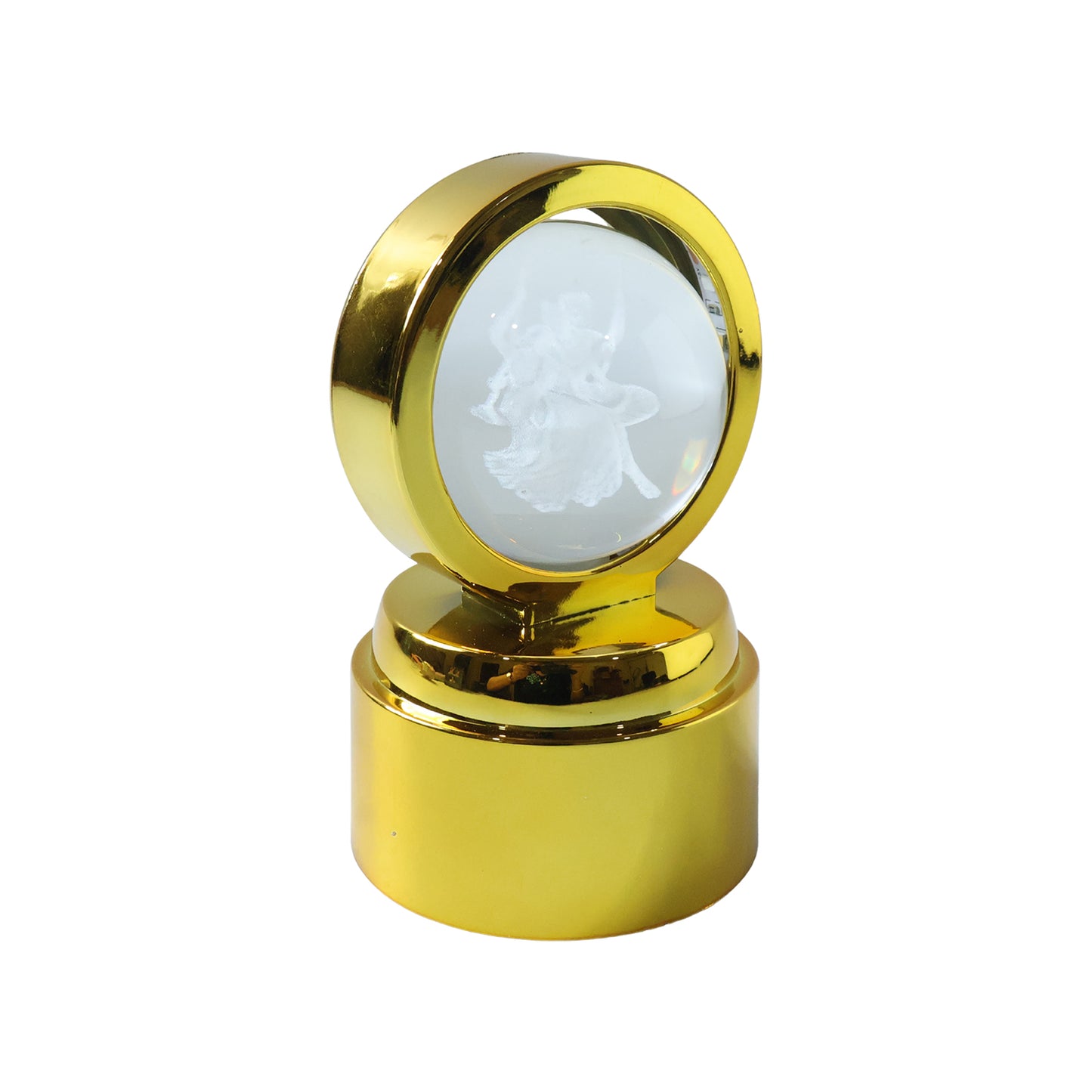 Wukusy 3D religious design crystal ball LED night lamp with intricate religious motifs, illuminating softly in a dark room.