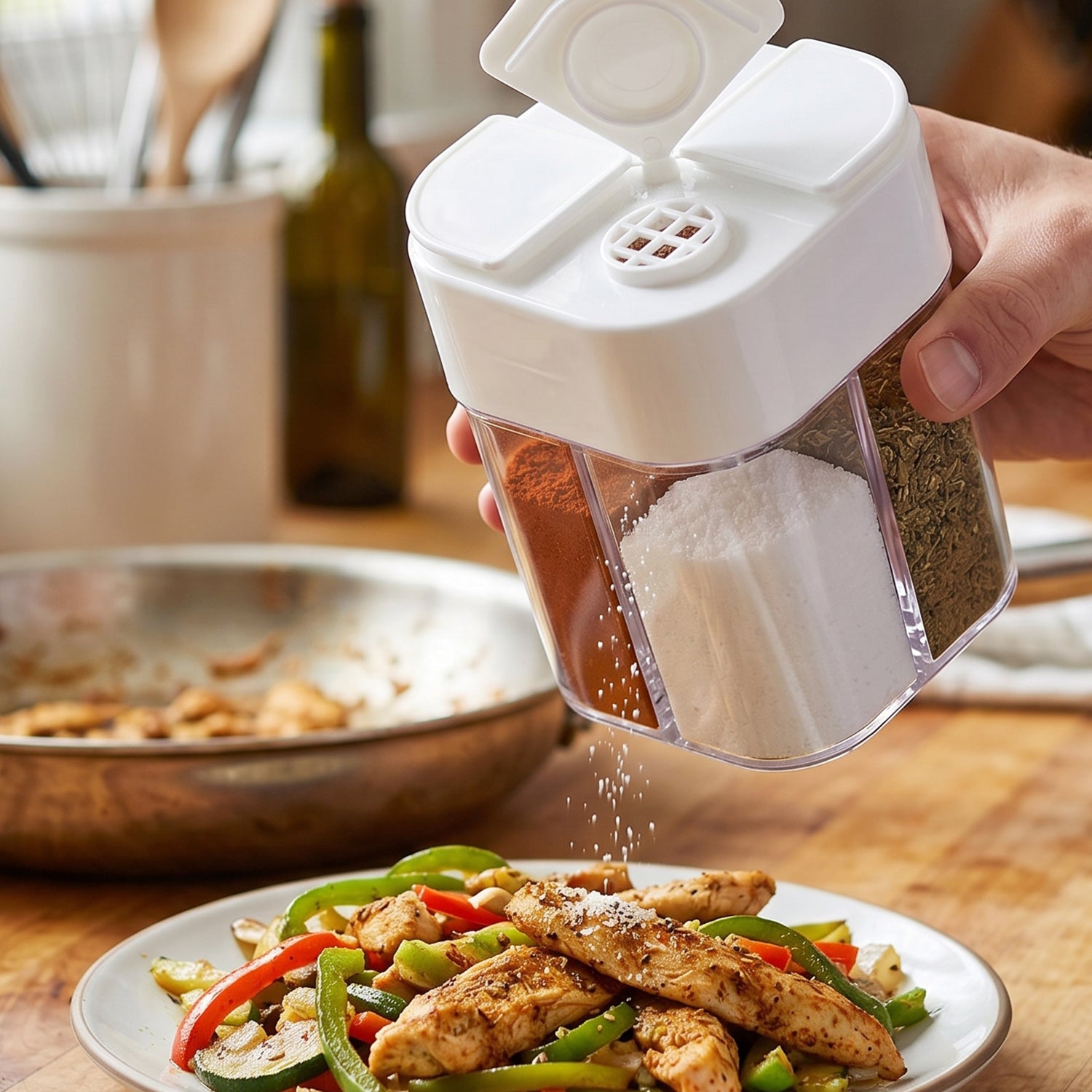 Wukusy 4-compartment kitchen storage container with clear plastic lid for organized food storage and easy access.