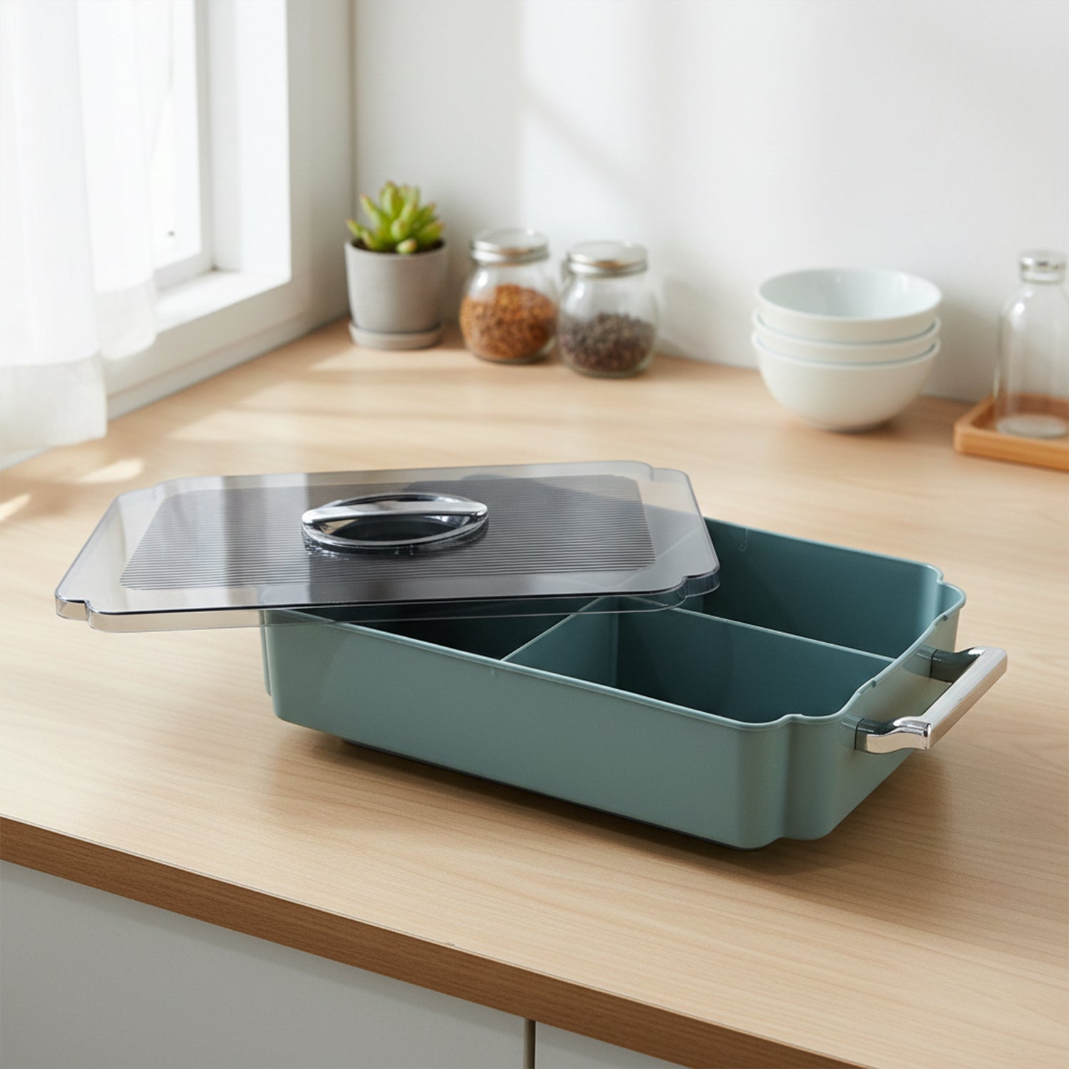 Wukusy 4-compartment plastic food storage container for organizing and storing various foods in a versatile, durable design.