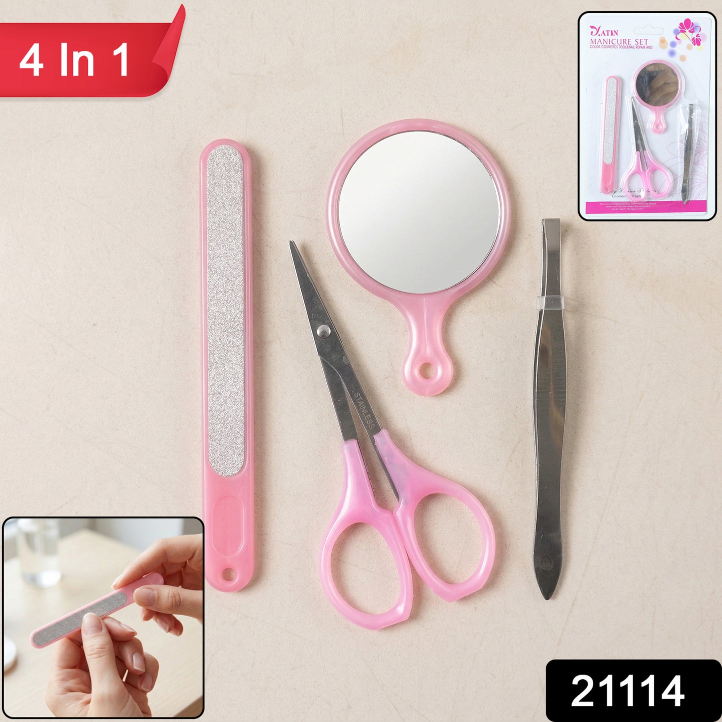 Wukusy 4-in-1 manicure and pedicure grooming kit with nail clippers, scissors, and files for personal nail care.