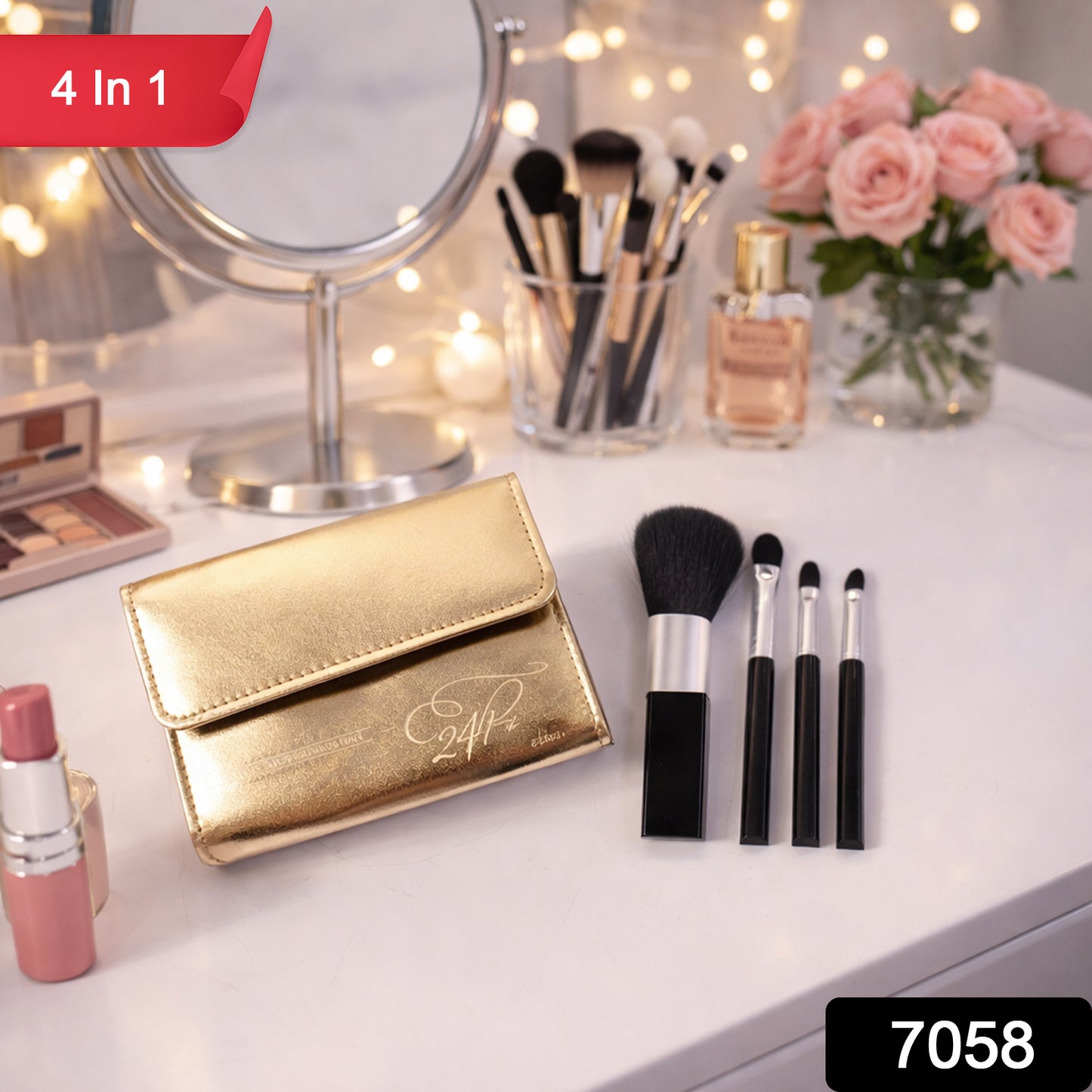 Wukusy 4-in-1 professional makeup brush set with premium storage pouch, featuring various brushes for face and eye makeup application.