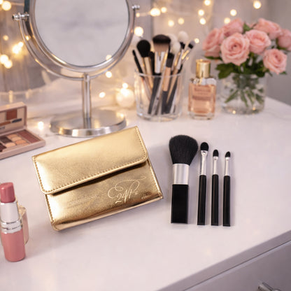 Wukusy 4-in-1 professional makeup brush set with premium storage pouch, including various brushes for face and eye makeup application.