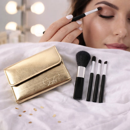 Wukusy 4-in-1 professional makeup brush set with premium storage pouch, featuring four brushes for face and eye makeup application.