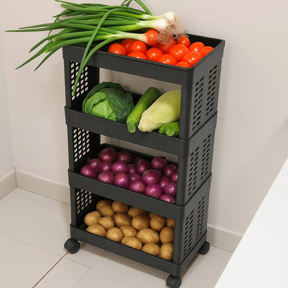 Wukusy 4-layer plastic storage rack with wheels, featuring multiple shelves for organized storage and easy mobility.