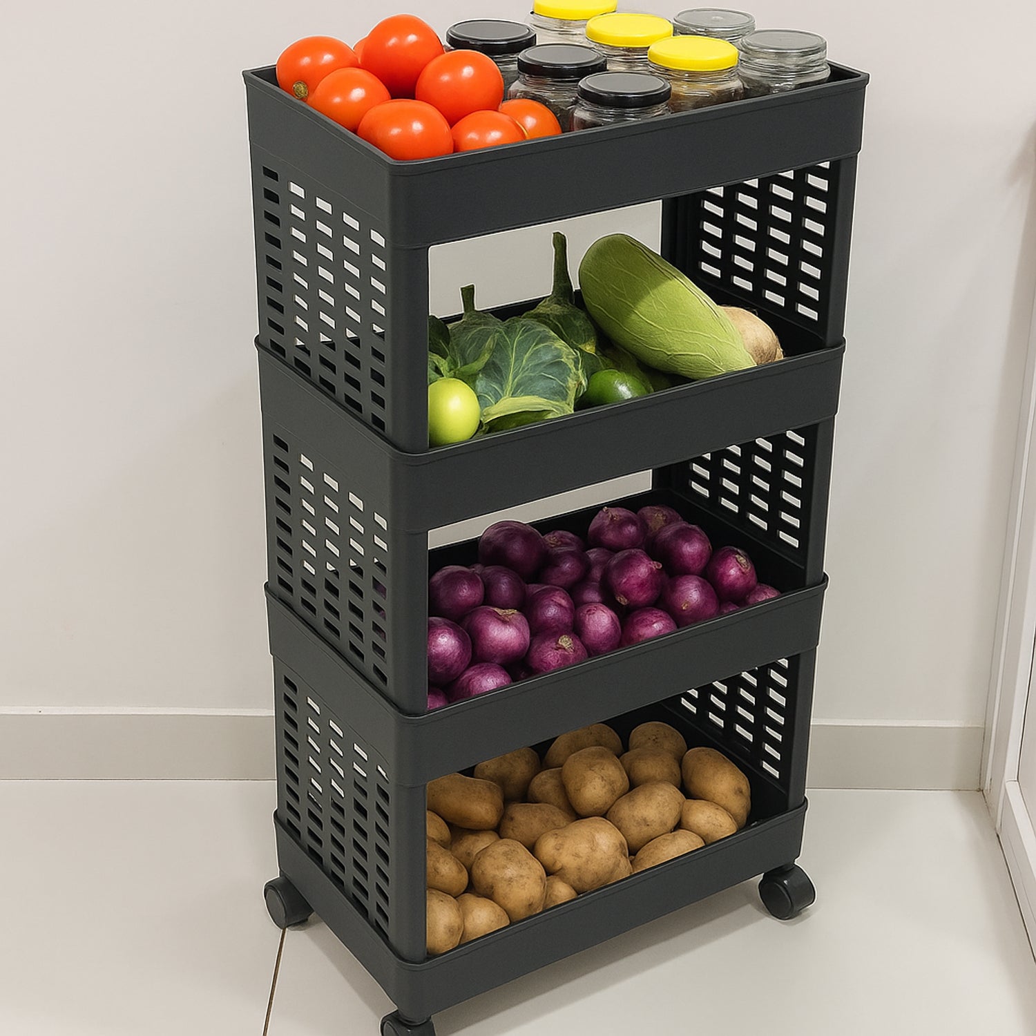 Wukusy 4-layer plastic storage rack with wheels, featuring sturdy shelves and mobile design for organized storage.