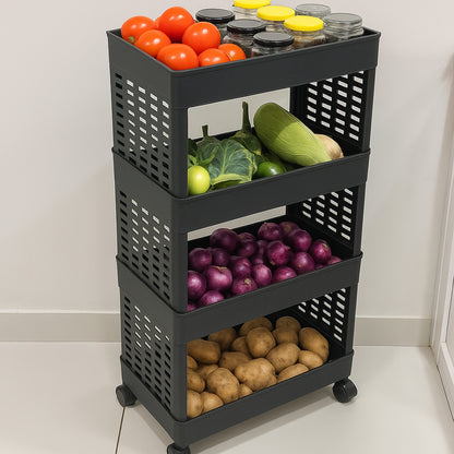 Wukusy 4-layer plastic storage rack with wheels, featuring sturdy shelves and mobile design for organized storage.