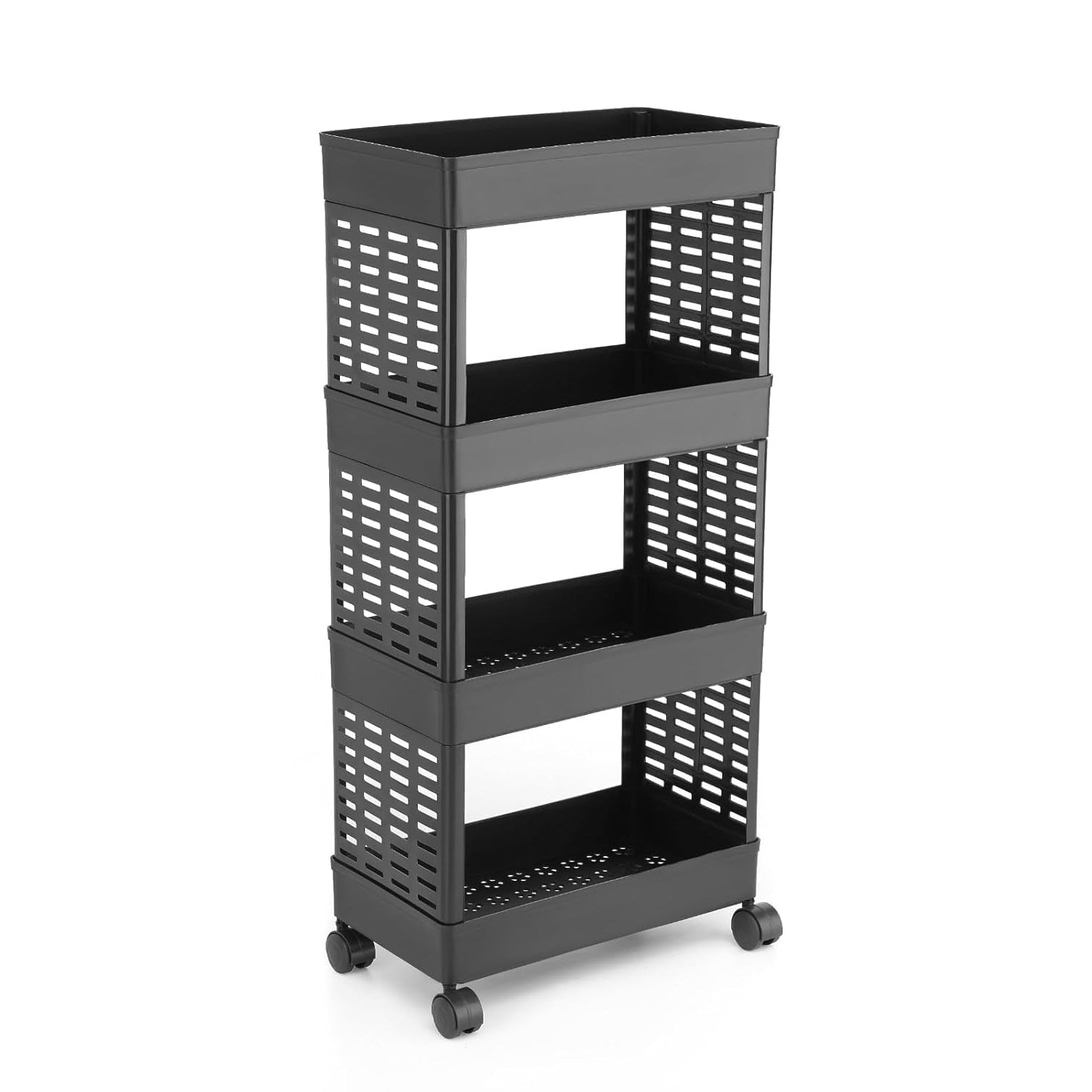 Wukusy 4-layer plastic storage rack with wheels, featuring multiple shelves for organized storage and mobility.