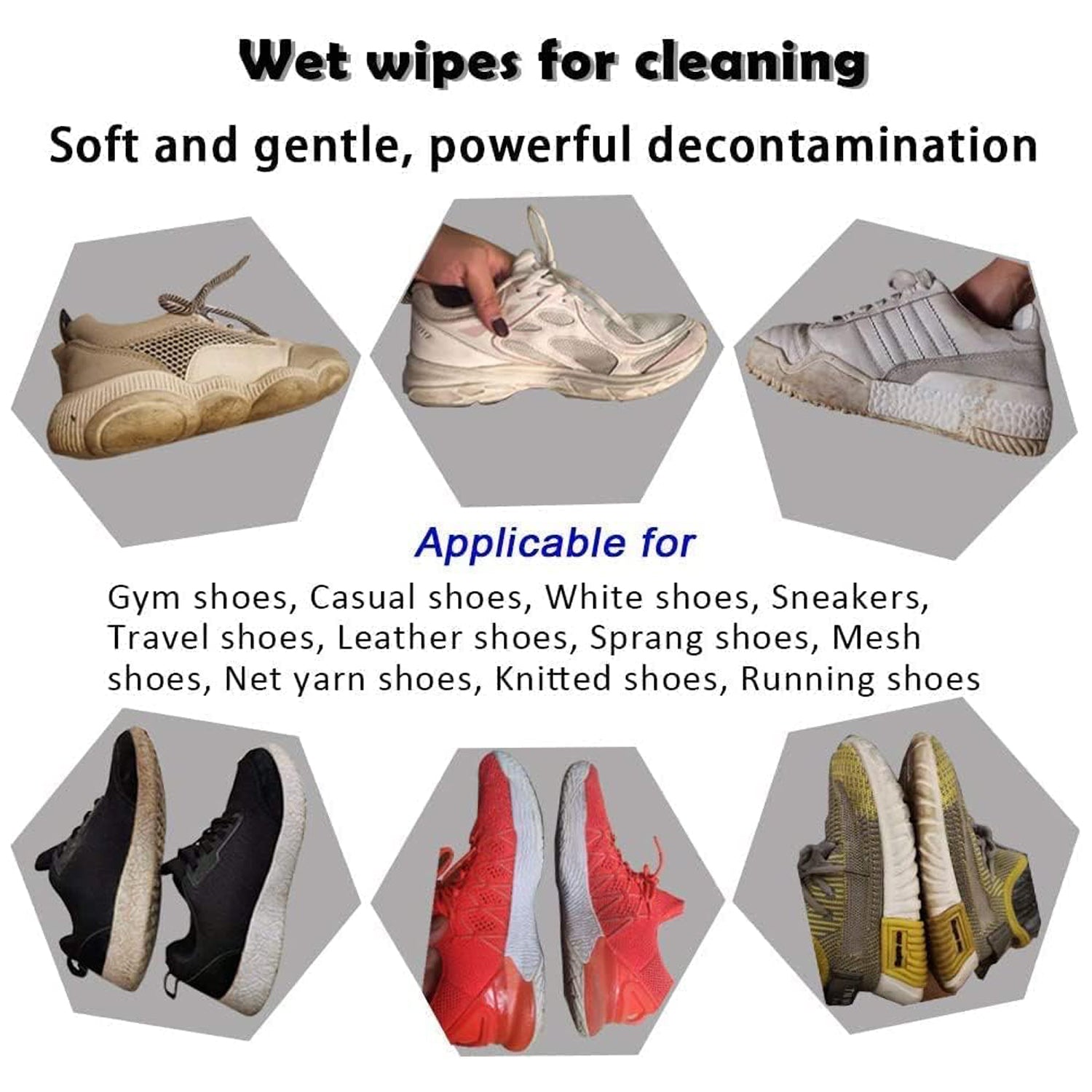 Wukusy shoe cleaning wet wipes for sneakers, fast scrubbing, disposable, portable wipes removing dirt and stains from shoes.