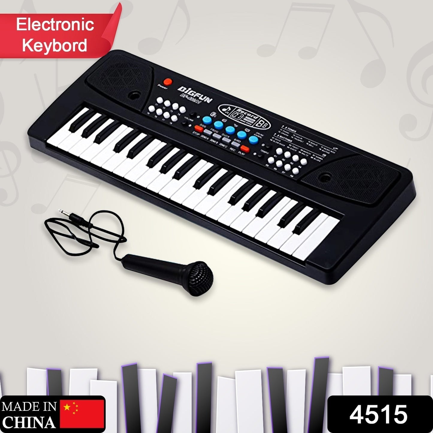 Wukusy 4515 children's piano musical keyboard with 37 keys and microphone, colorful toy for kids' music play and learning.