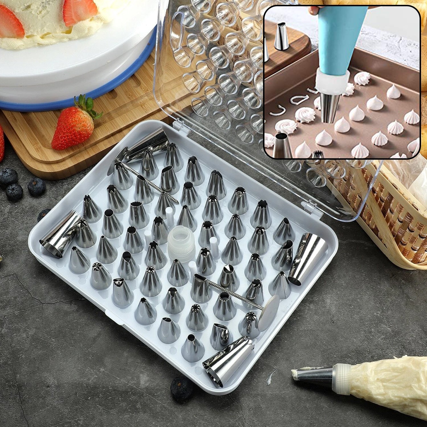 Wukusy 4722 cake nozzle set and tool for decorating cakes and pastries with various piping tips and nozzles.
