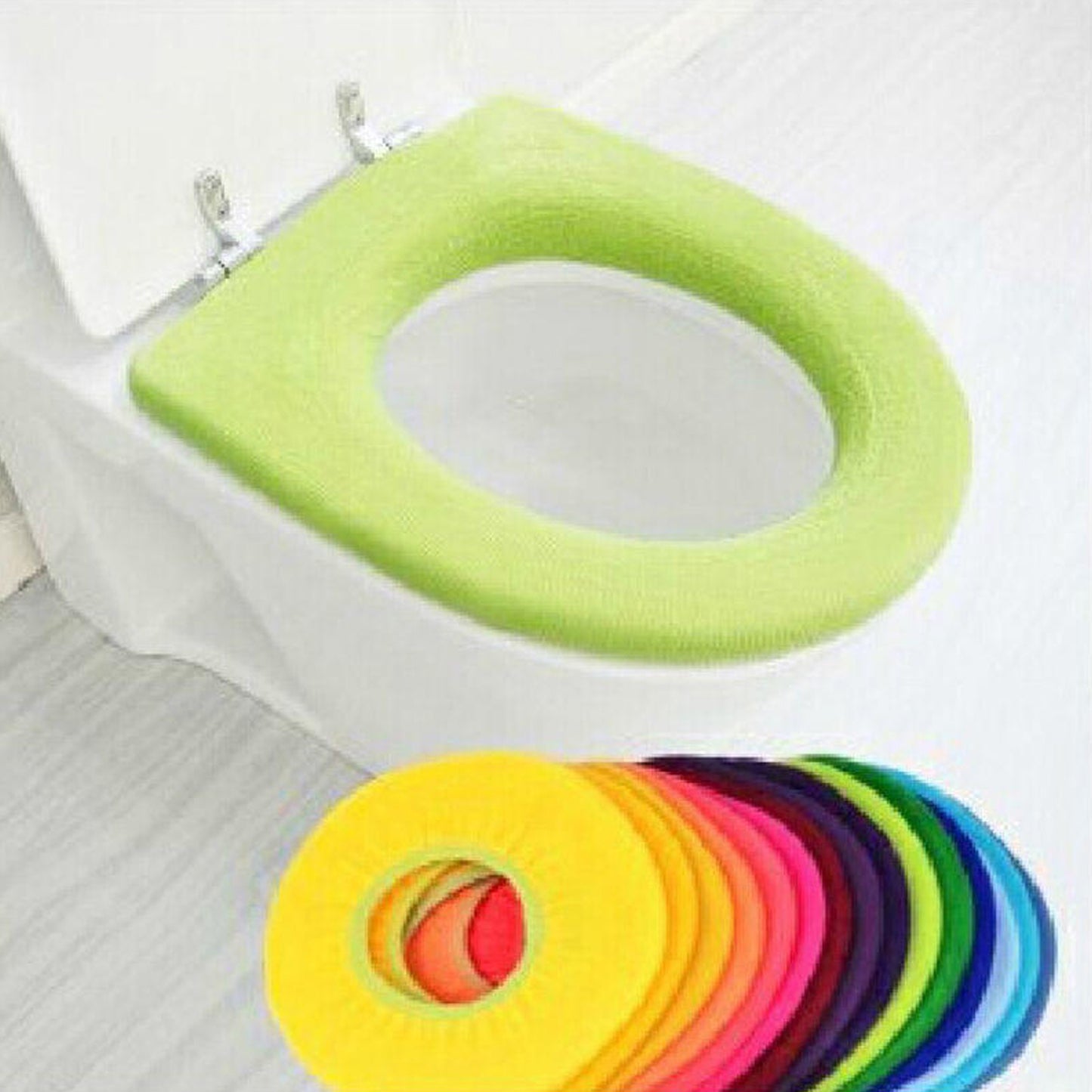 Wukusy bathroom soft, thicker, stretchable washable cloth toilet seat cover pad on a toilet seat, providing comfort and warmth.