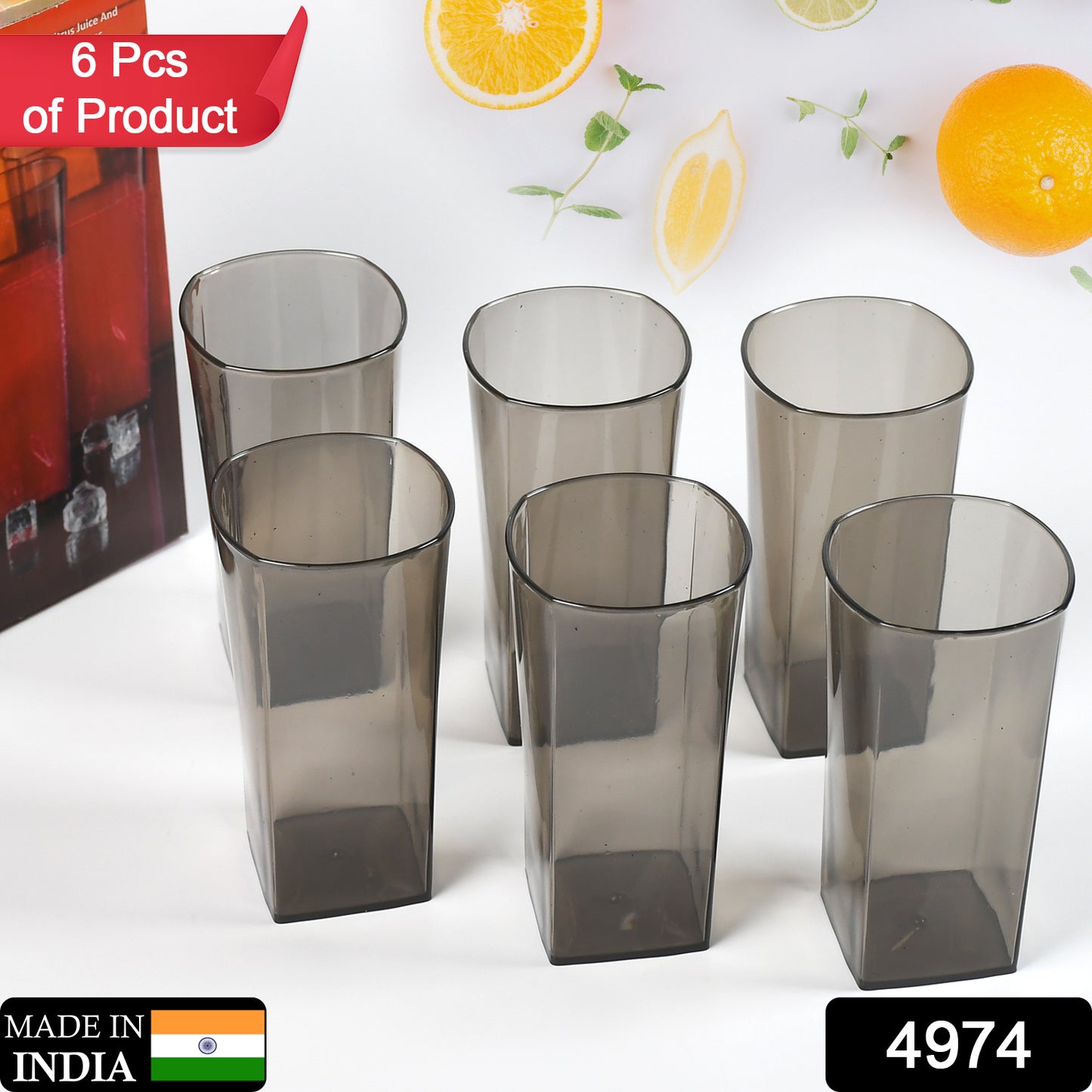Set of six black Wukusy 300ml unbreakable transparent square design plastic tumblers for water, juice, beer, and wine.