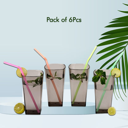 Set of six black Wukusy 300ml unbreakable transparent square plastic tumblers for water, juice, beer, and wine.