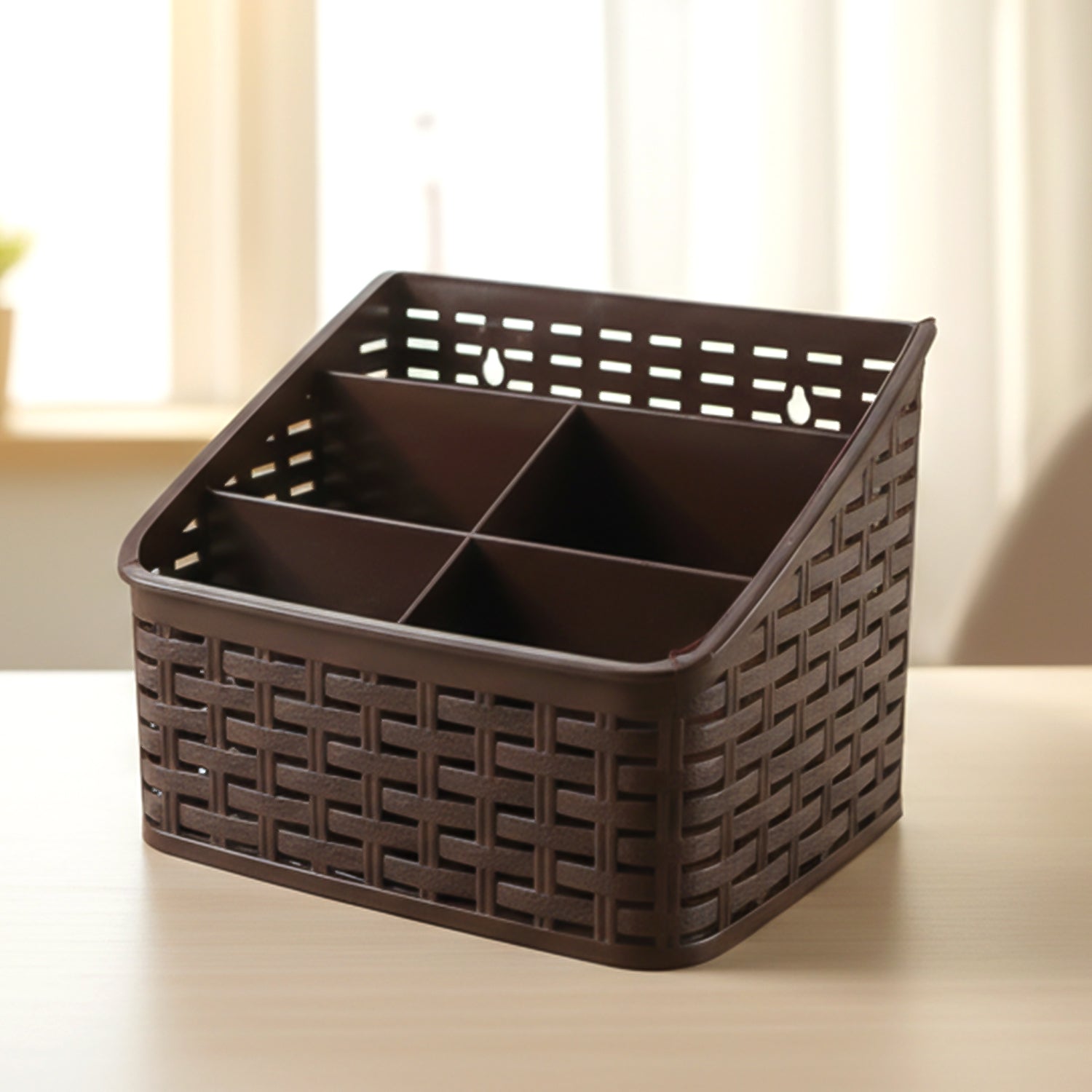Wukusy 5-compartment multipurpose desk organizer basket with various sections for office supplies and stationery storage.