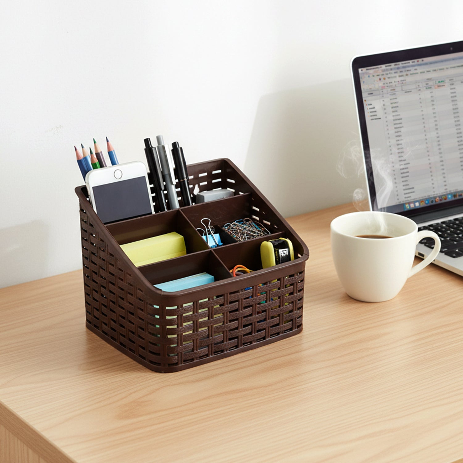 Wukusy 5-compartment multipurpose desk organizer basket for office supplies and stationery storage.