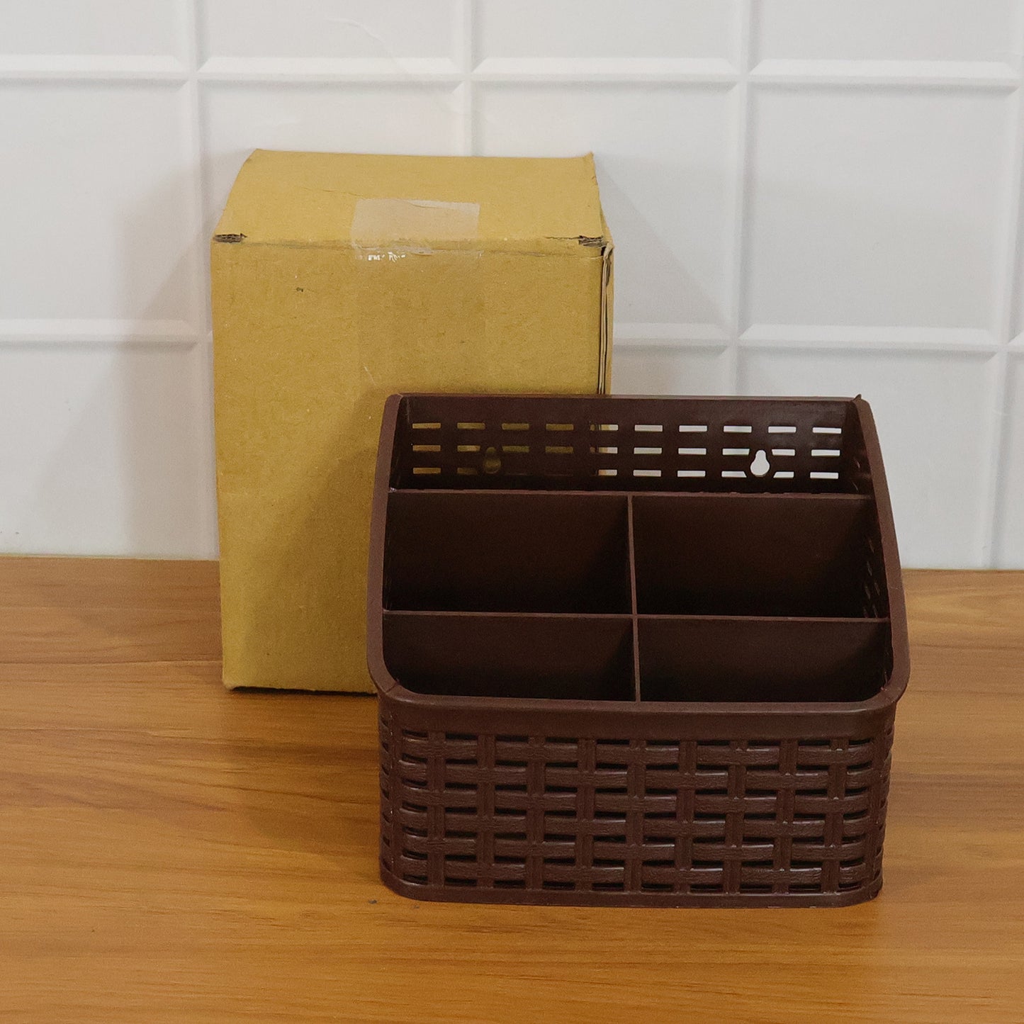 Wukusy 5-compartment multipurpose desk organizer basket for office supplies and stationery storage, black plastic design.