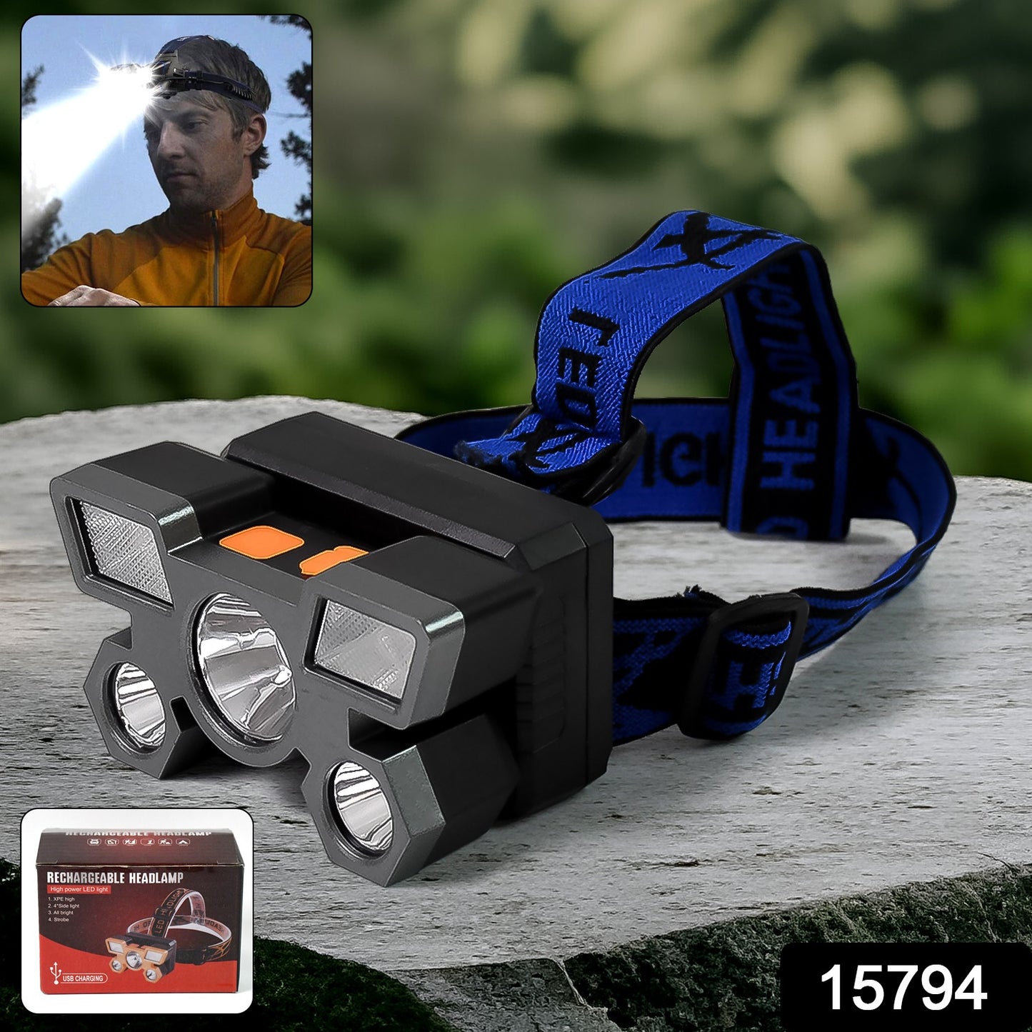 Wukusy 5 LED rechargeable USB headlamp with adjustable strap and bright front lights for outdoor activities and hands-free illumination.