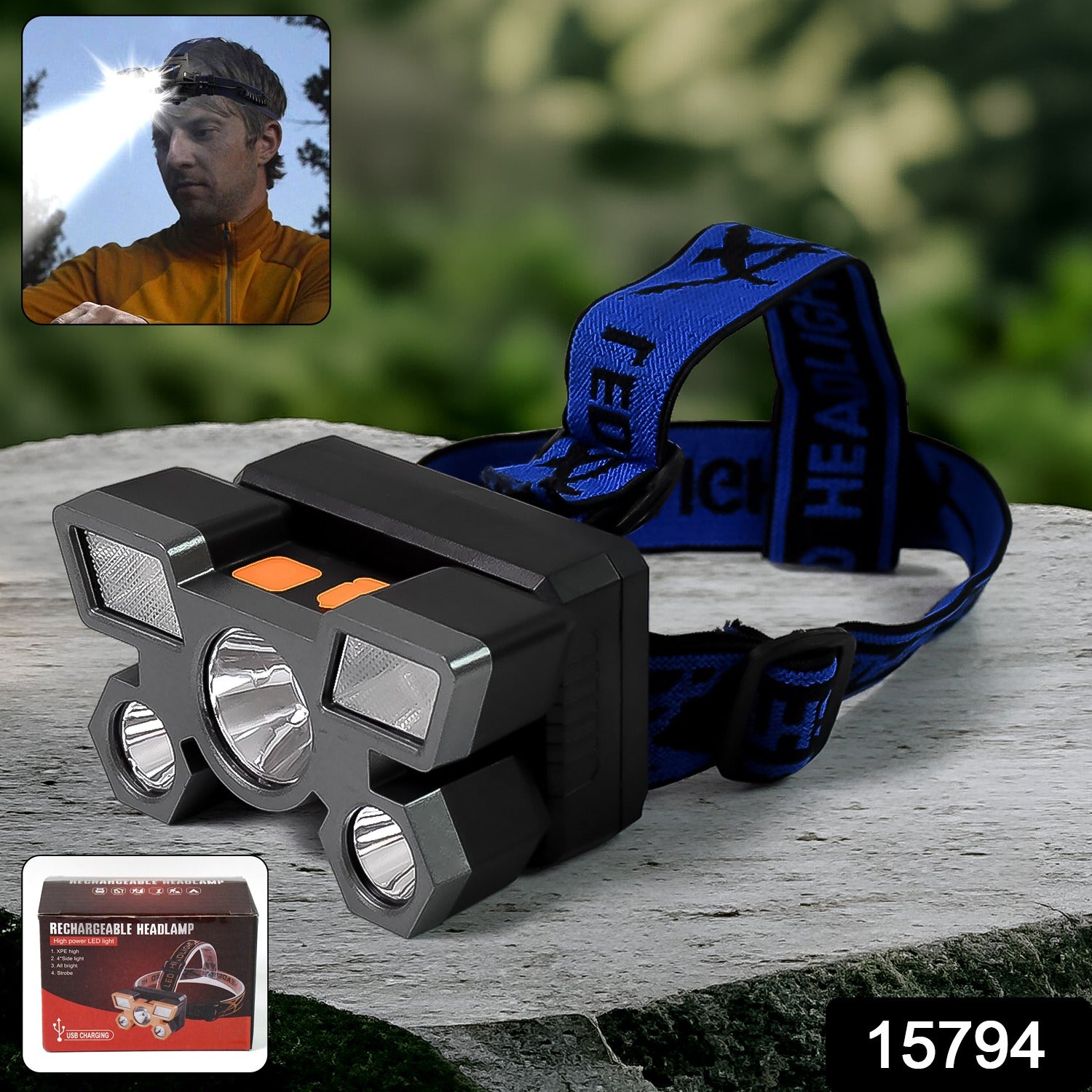 Wukusy 5 LED rechargeable USB headlamp with adjustable strap and bright front lights for outdoor activities and hands-free illumination.