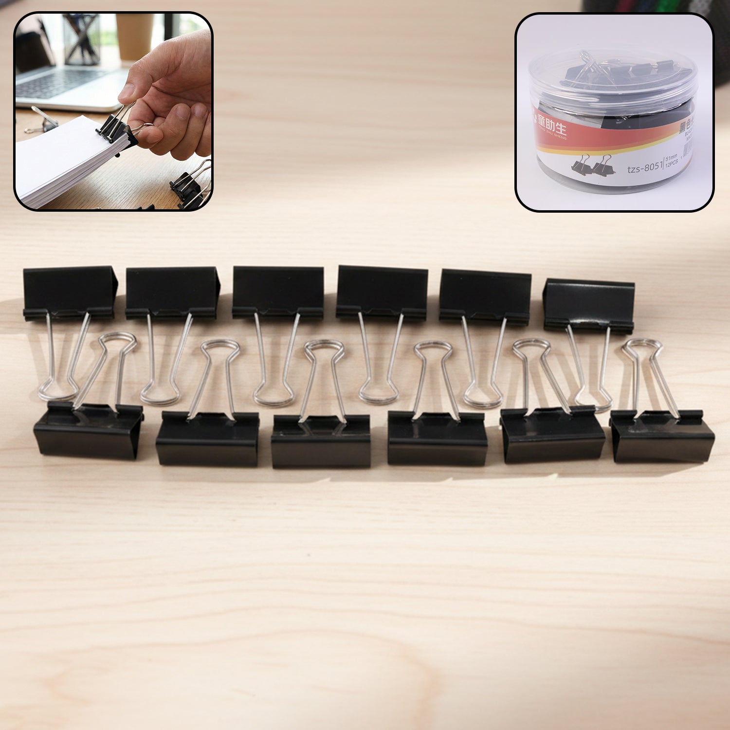 Set of 12 Wukusy 51mm large binder clips with silver handles for organizing papers and documents.