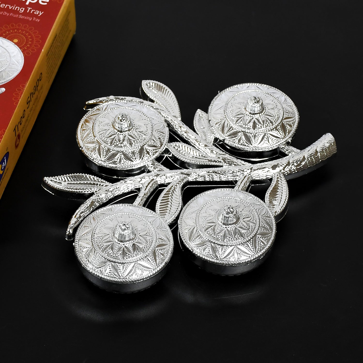 Wukusy tree-shaped 4-compartment mukhwas serving tray for home kitchen use, with distinct sections for spices or snacks.