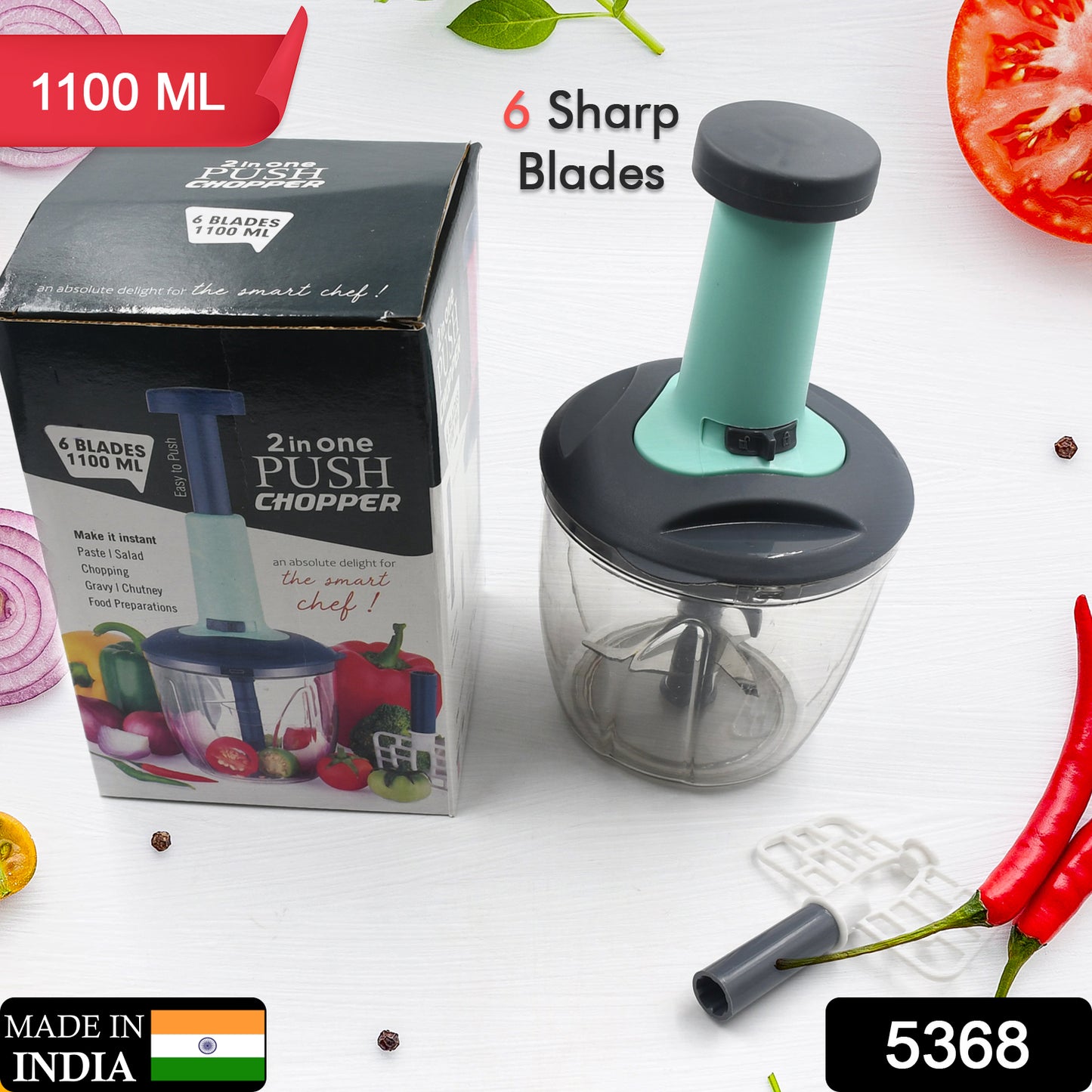 Wukusy 1100ml 2-in-1 push-up chopper with blender, 6 sharp blades, vegetable and fruit cutter, easy push and chop button.