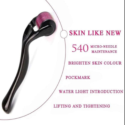 Wukusy 540 Micro Needle Derma Roller for skin care routine, showing a close-up of the device with fine micro-needles on the roller head.