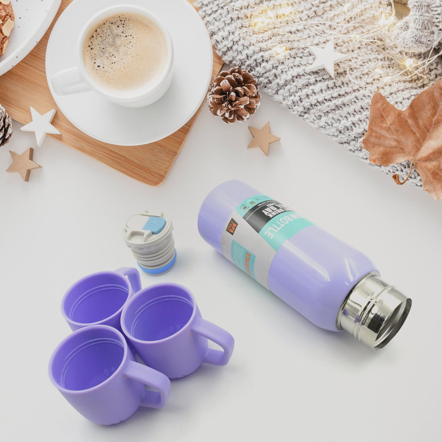 Wukusy stainless steel vacuum flask set with 3 cups, handle cover, portable car water bottles, approx 500ml capacity