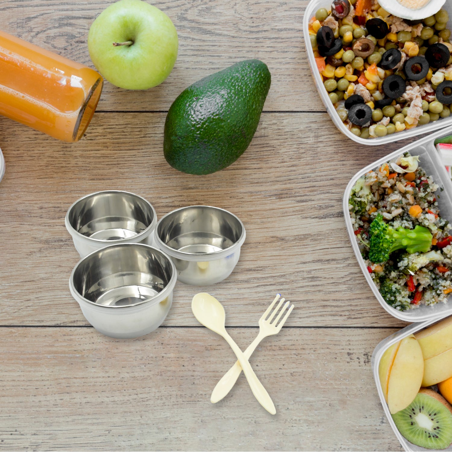Wukusy 6-in-1 stainless steel tiffin lunch box set with containers, plastic lid, spoon, fork, plastic bottle, and insulated bag.