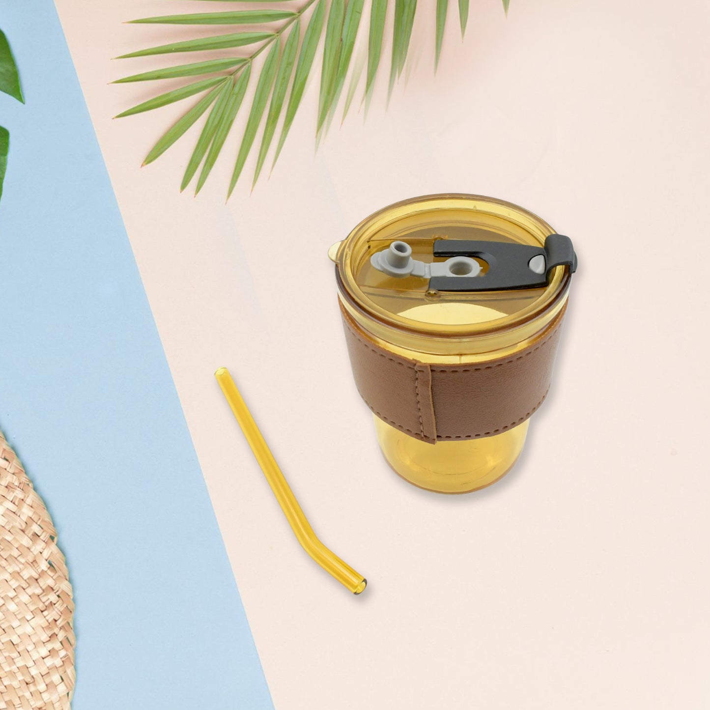 Wukusy glass coffee mug with glass straw, leakproof lid, heatproof sleeve, ideal for travel and hot beverages.