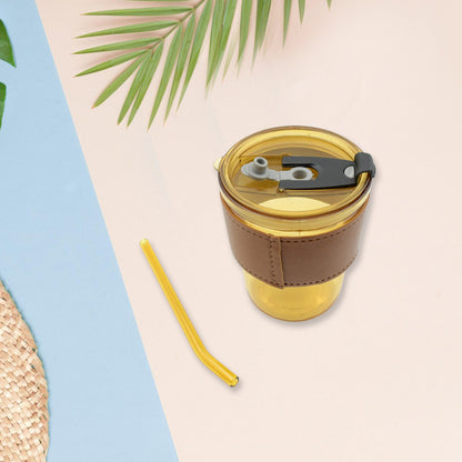 Wukusy glass coffee mug with glass straw, leakproof lid, heatproof sleeve, ideal for travel and hot beverages.