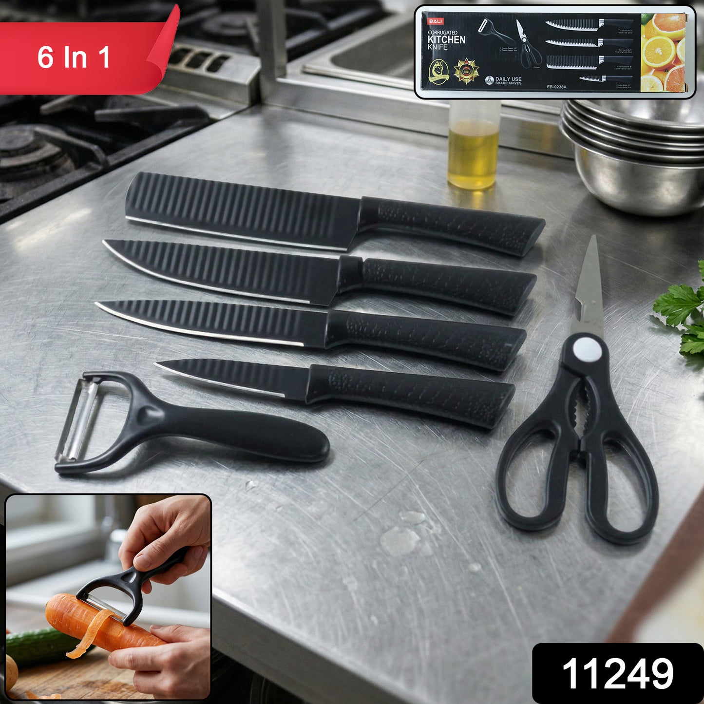 Wukusy 6-in-1 premium kitchen knife set with various knives and tools for versatile cooking tasks.
