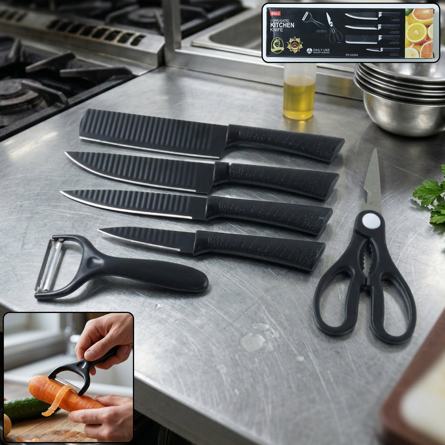 Wukusy 6-in-1 premium kitchen knife set with various knives displayed on a wooden cutting board.