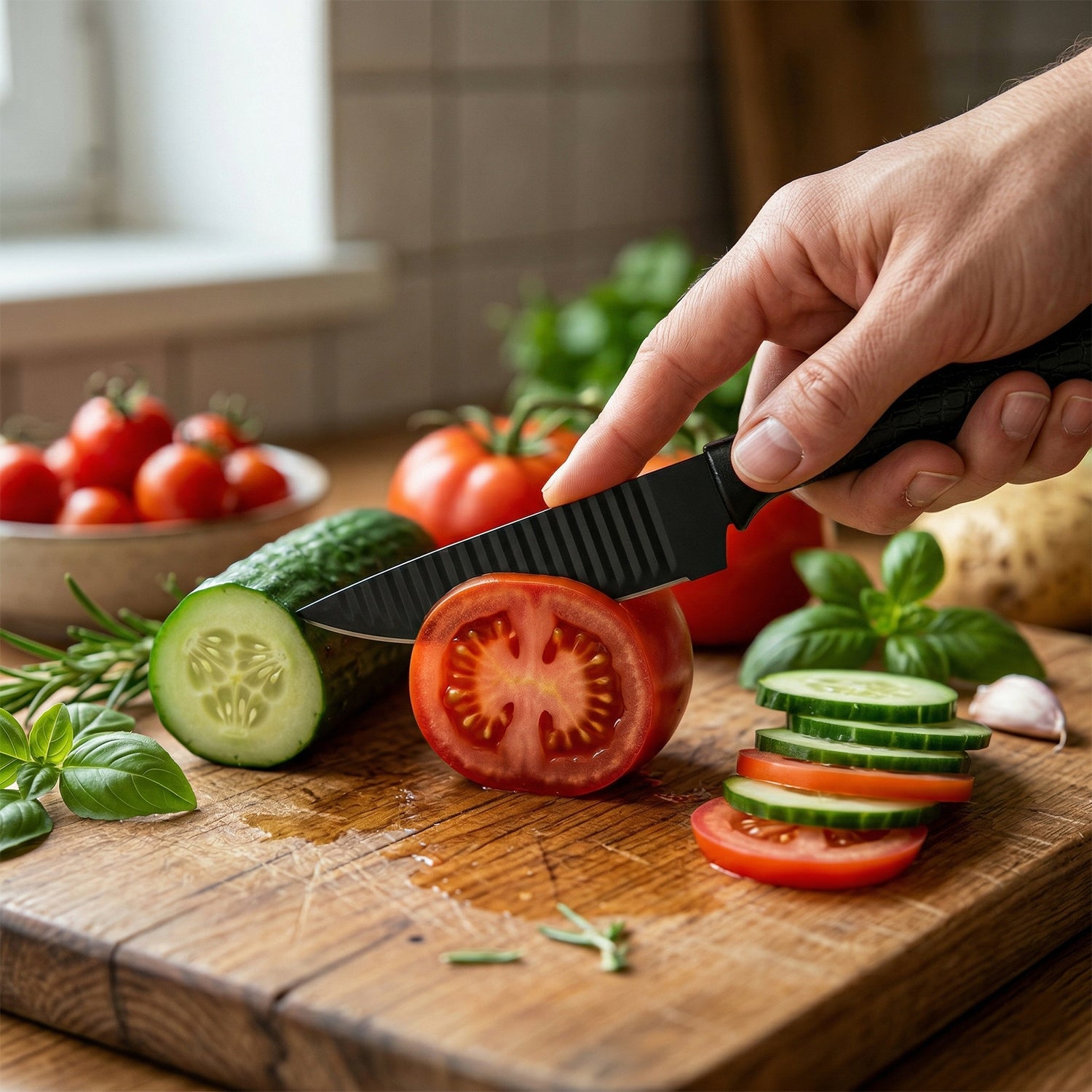 Wukusy 6-in-1 premium kitchen knife set with various stainless steel knives and utensils for versatile cooking tasks.