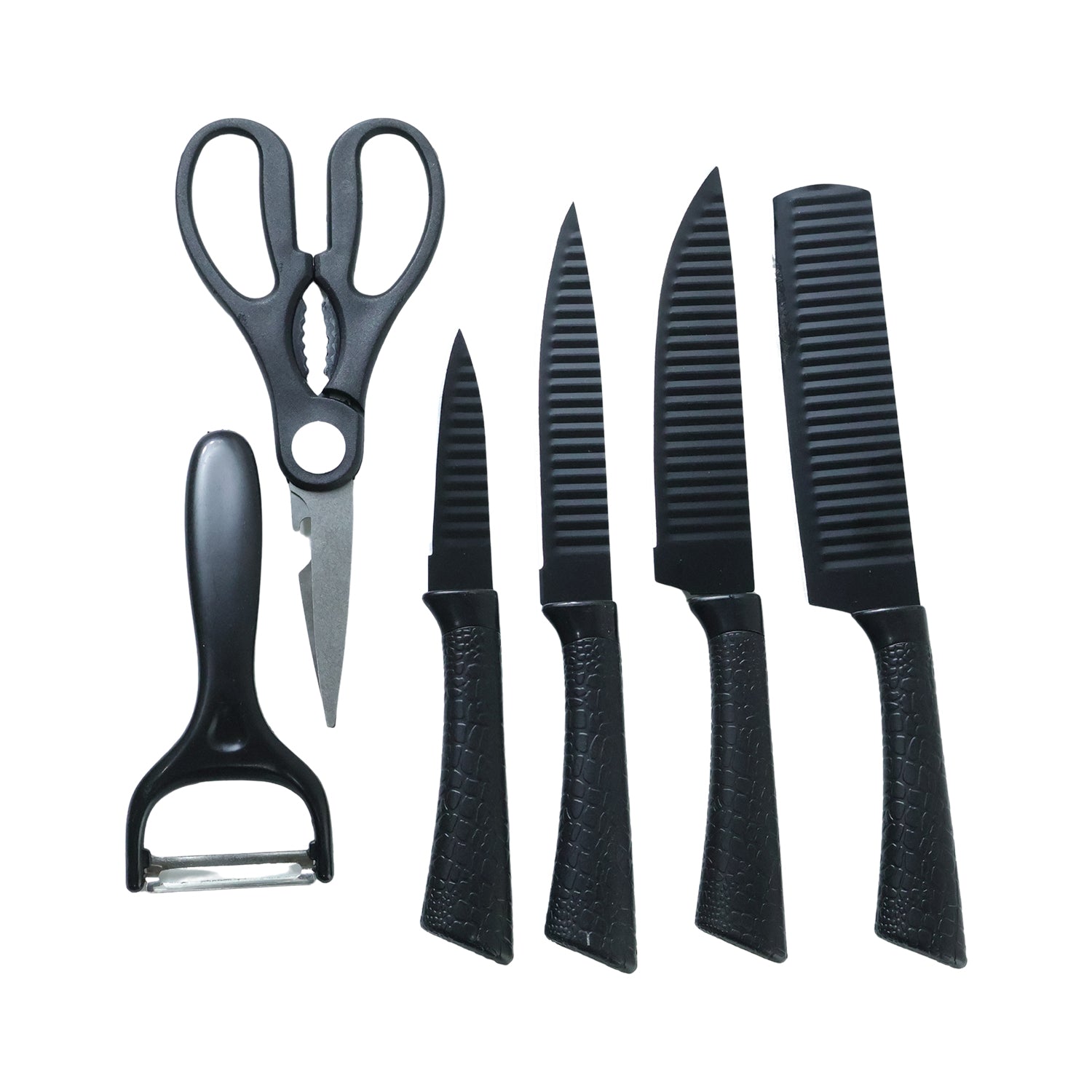 Wukusy 6-in-1 premium kitchen knife set with various knives and a storage block for versatile cooking preparation.