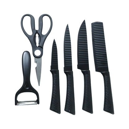 Wukusy 6-in-1 premium kitchen knife set with various knives and a storage block for versatile cooking preparation.
