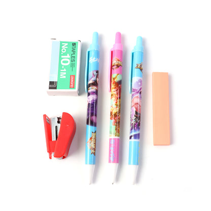 Wukusy 6-in-1 stationery set includes pens, pencils, erasers, ruler, and scissors for school and office use.