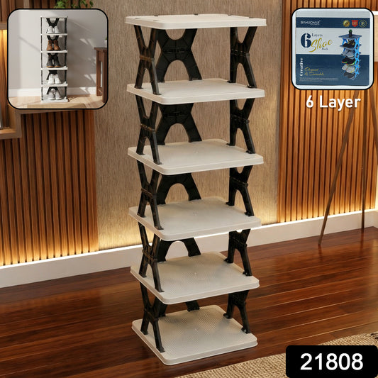 Wukusy 6-layer rectangle shoe rack stand with multiple shelves for organized shoe storage.