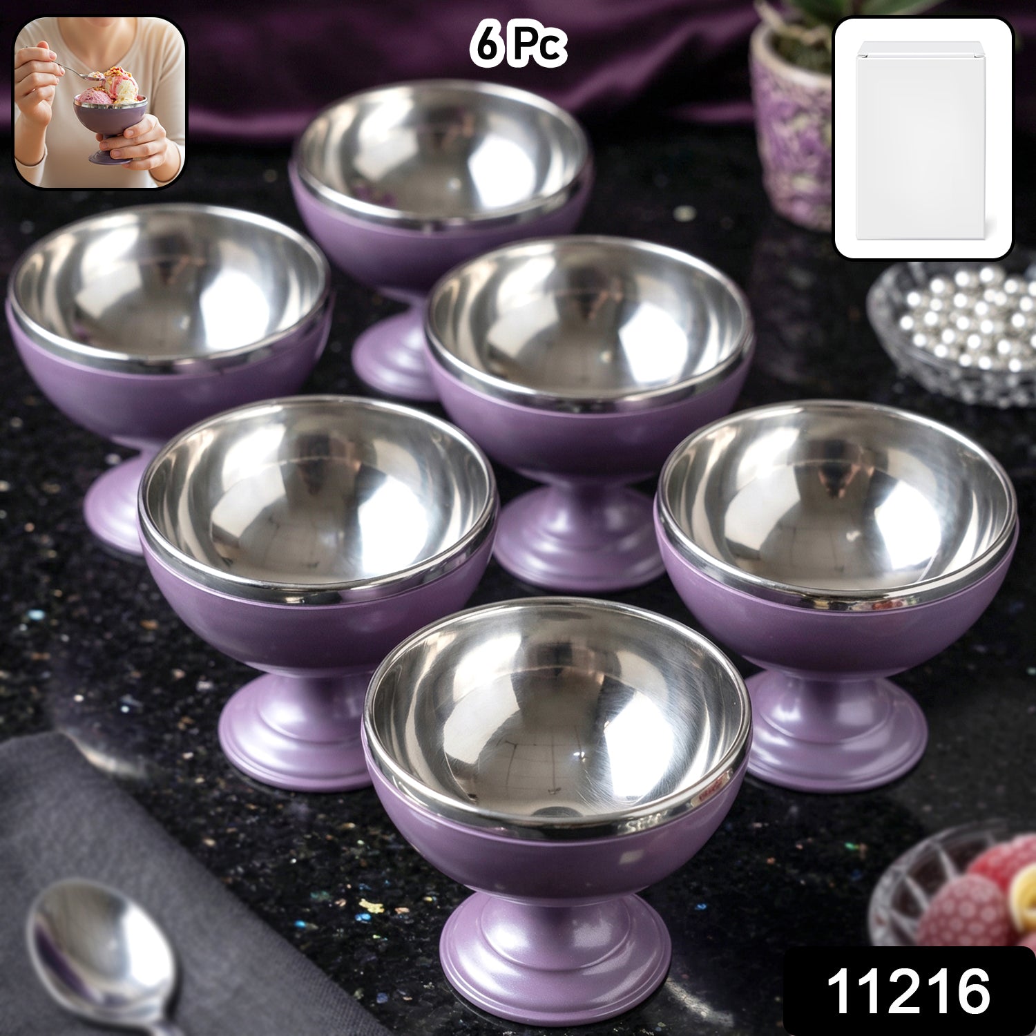 Six stainless steel dessert bowls with matching stand, Wukusy 6-piece set for serving desserts or snacks.