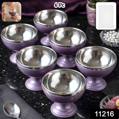 Six stainless steel dessert bowls with matching stand, Wukusy 6-piece set for serving desserts or snacks.
