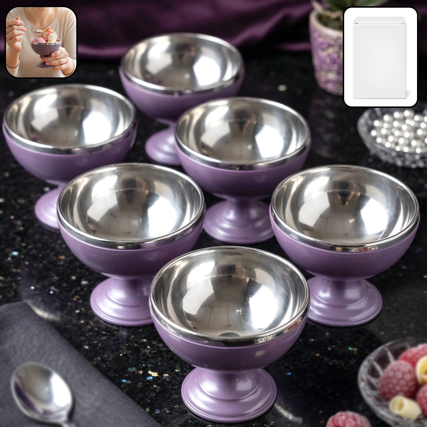 Six stainless steel dessert bowls with a stand from Wukusy, perfect for serving snacks or desserts in a stylish set.