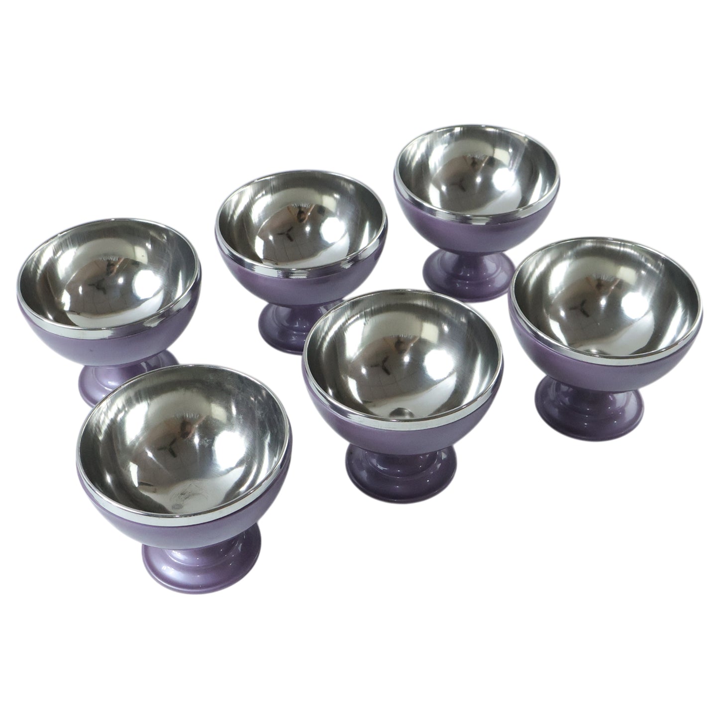 Six stainless steel dessert bowls with matching stand by Wukusy, ideal for serving sweets and snacks in a stylish set.