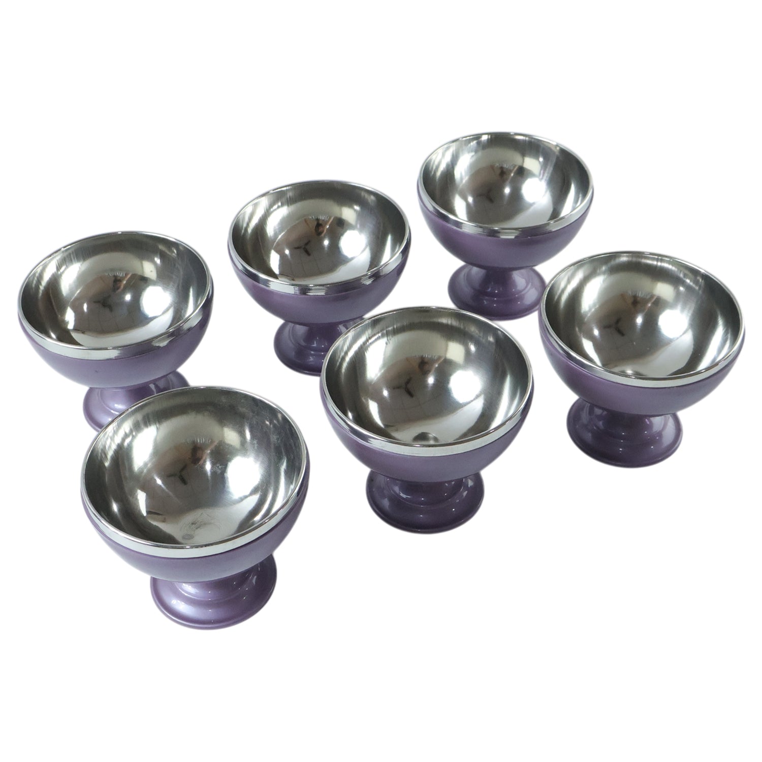 Six stainless steel dessert bowls with matching stand by Wukusy, ideal for serving sweets and snacks in a stylish set.