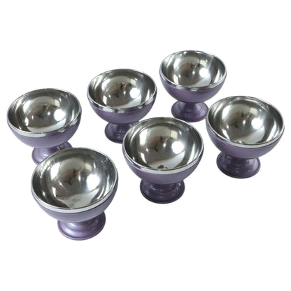 Six stainless steel dessert bowls with matching stand by Wukusy, ideal for serving sweets and snacks in a stylish set.