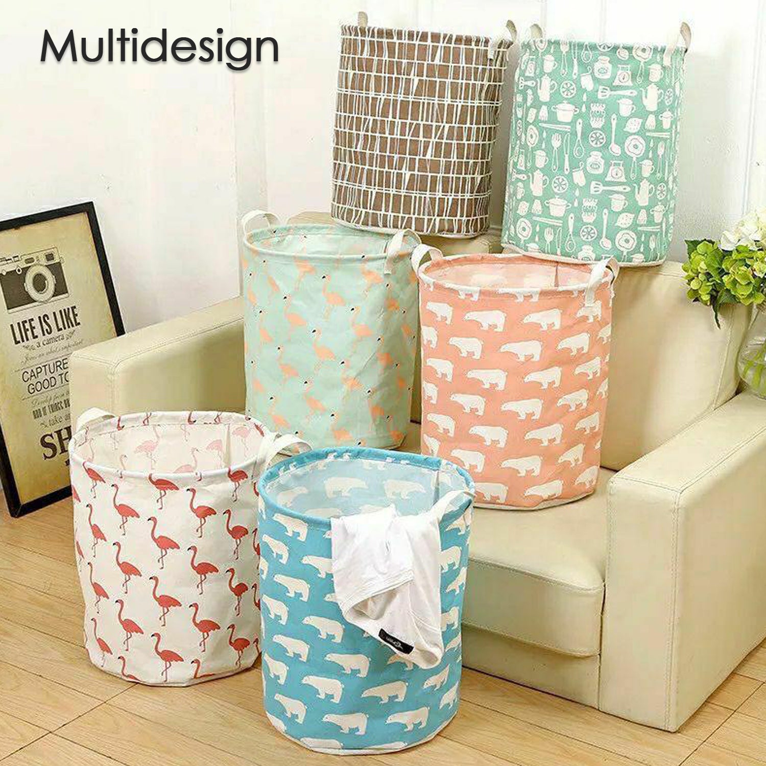 Wukusy durable collapsible laundry storage bag with handles, suitable for clothes and toys, shown folded and expanded.