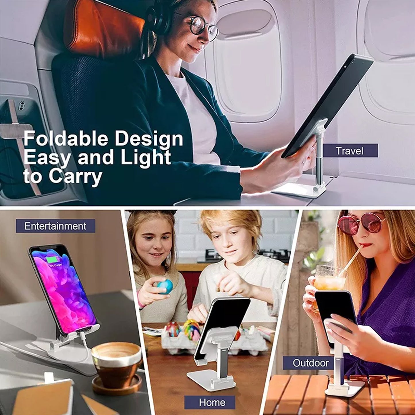 Wukusy desktop cell phone stand with mirror, full 3-way adjustable height and angle, ideal for desk organization and accessories.